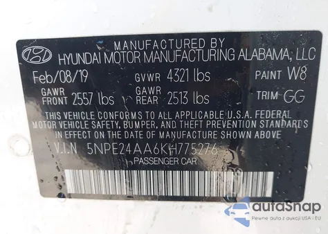 2019 Hyundai Sonata Eco z USA, uszkodzony, nr VIN 5NPE24AA6KH775276